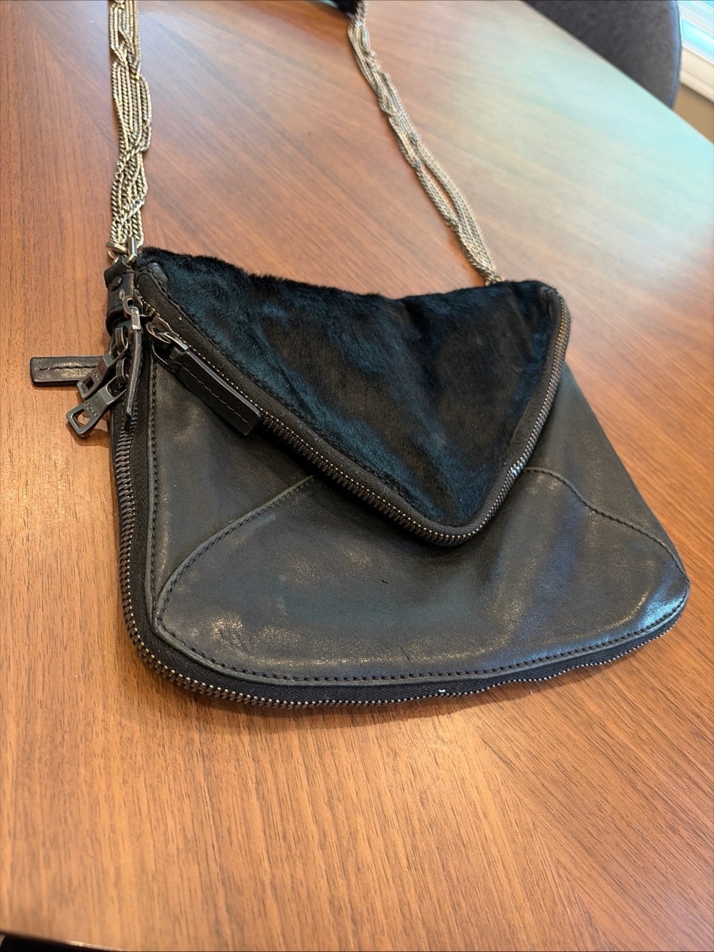 BOYY Black Leather Envelope Crossbody Shoulder Bag W/SILVER HARDWARE & PONY HAIR